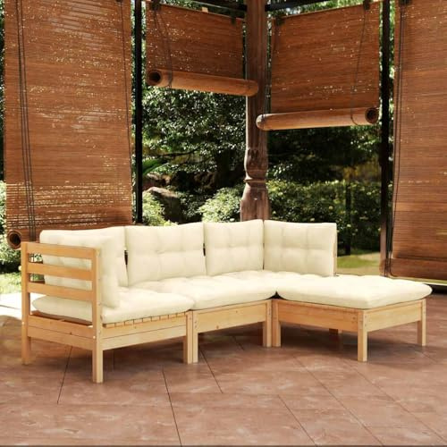 FWIKDUN 4-TLG. aus Kiefernholz mit Creme Kissen, Robustes Lounge-Set für den Garten aus Holz und Komfortables Lounge-Set für den Außenbereich zum Entspannen und Relaxen,
