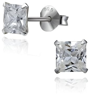 5MM MENS Princess Cut/Square Simulated Diamond Cubic Zirconia (CZ) Sterling Silver Stud Earrings/Ear Studs for Men Boys Unisex - White/Clear (Small) Pair of Ear Studs - Beckham Style