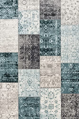 LIFA LIVING Tappeti Patchwork, Tappeto Stile Vintage, Tappeto per Salotto e Camera da Letto, Disponibile in Diversi Colori e Taglie, (Grigio Scuro/Blu, 80_x_150_cm)