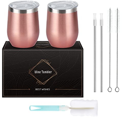 Livole 2 Stück Edelstahl Weinbecher, 12oz 350ml Doppelwandig Weinbecher mit Deckel und Strohhalmpinsel, Vakuumisolierte Reisekaffeetasse für Kaffee, Champagner, Weingläser aus Edelstahl, Rosegold