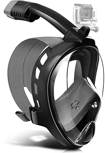 Odoland Maschera Snorkeling Integrale, Maschera da Sub con Vista Panoramica 180° con Supporto per Fotocamera, Sistema di Respirazione Anti-Perdita e Anti-Appannamento per Adulti, Nero S/M 10-12 cm