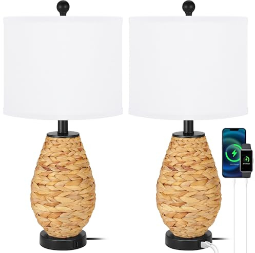 TPAMSWO Coastal Table Lamps Set of 2, Retro Natural Seagrass Rattan Woven 24 Bedside Lamp, for Bedroom Living Room Home Nightstand Table Lamp(with USB C+A 5V 2.1A Charging Ports)