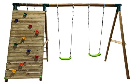 MASGAMES | TIMBU Kinderpark | Zweisitzer Schaukel + Kletterwand und Kletternetz | Haushalt | Behandeltes Holz für den Außenbereich | Anker enthalten |