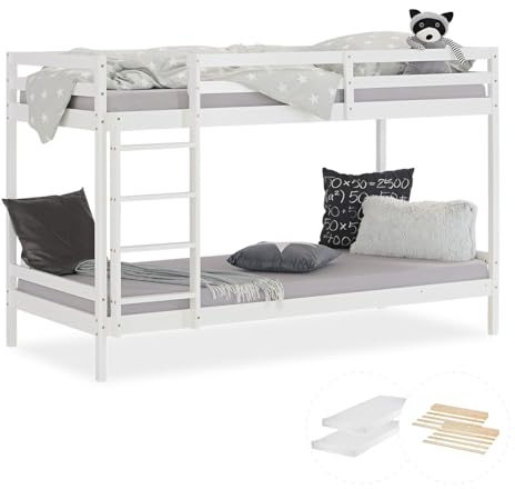 Homestyle4u Etagenbett 90x200 Weiß Kiefer Holz 2 Kinder mit Lattenrost und 2 Matratzen Hochbett Kinderbett Kinderzimmer