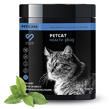 Peticare Senior Aktiv Vital Mix Pulver für alte Katzen | Natürliches Ergänzungsfutter-Mittel mit Grünlippmuschel, MSM, Curcuma | fördert Immunsystem & bei Mangelerscheinungen | petCat Health 3603