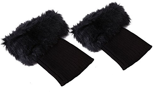 JEOZBM Damen-Stiefelmanschetten Aus Kunstfell, 1 Paar Kurze Häkel-Beinwärmer-Ärmel, Winter-Thermo-Strick-Fell-Beinmanschetten für Mädchen(20cm-Schwarz)