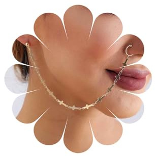 Inateannal Punk Nasenring Kette Kreuz Quaste Silber Baumeln Nasenring mit Ohrringen Gefälschte Nase zu Ohr Kette Indischer Schmuck für Frauen Mädchen Hochwertige Legierung Gold
