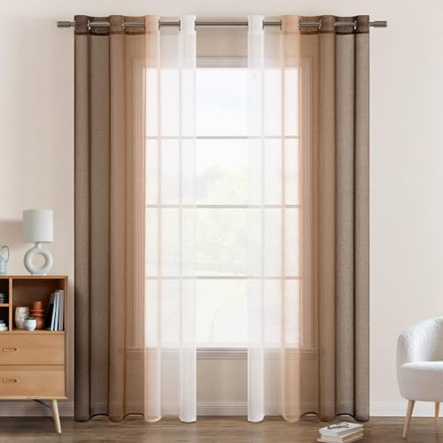 EMEMA Tende Voile Trasparenti Occhielli 2P Marrone Chiaro Tenda 200Ax140Lcm | Voile Trasparenti Occhielli Sfumato per Soggiorno Camera da Letto Bagno Cucina Camera da Bambino Tenda Finestra Balcone