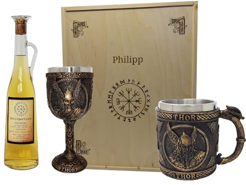 Geschenkset Wikinger Kelch oder Krug inklusive Wikingertrank Met Honig Whisky in der Amphore mit Holzbox und Gravur - Met Honigwein personalisierbar verschiedene Varianten (Kelch und Krug Thor)