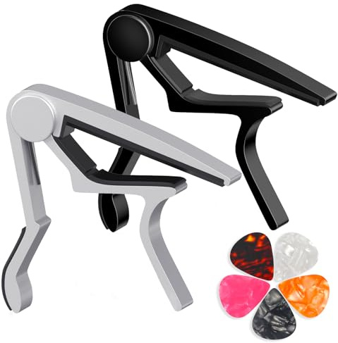 Guitar Capo for Acoustic, Classical, Electric Guitars, Ukulele, Mandolin, Banjo, and other string musical instruments, Quick Release, Memory Silicone Pad, Buzzing-Free (Black & Silver)