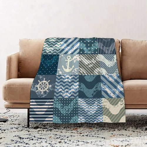 EOMKSE Coperta Morbida - Plaid Divano Super Morbida - Coperta Morbida Leggera Per Letto,Divano,Campeggio e Viaggi,Patchwork in stile nautico con onde grunge.150x200cm