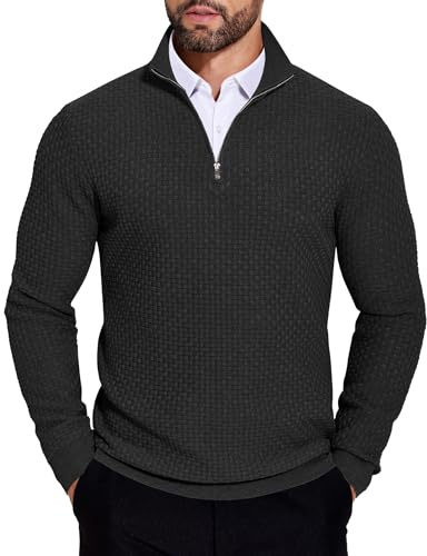 COOFANDY Maglione Uomo Collo Alto Invernale Norvegese Mezza Zip Business Lavorato a Maglia Maniche Lunghe da Lavoro Nero L