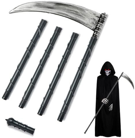GDLOKFU Guadaña de la Muerte Halloween 140 cm, Disfraz de Parca Adulto, Disfraz de Muerte para Halloween, Traje de Grim Reaper con Capa Negra, para Halloweens Carnavales Cosplay