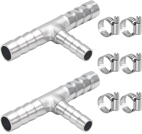 Sctihwelire Brass Reducing Tee Hose Barb Fitting 3-Way T Adapter Chrome-Plated, 5/16 (8mm) to 1/4 (6mm) to 5/16 (8mm) Splicer Mender with Clamps air Hose Repair kit for Pipe Line/Fuel/Air 1 PC