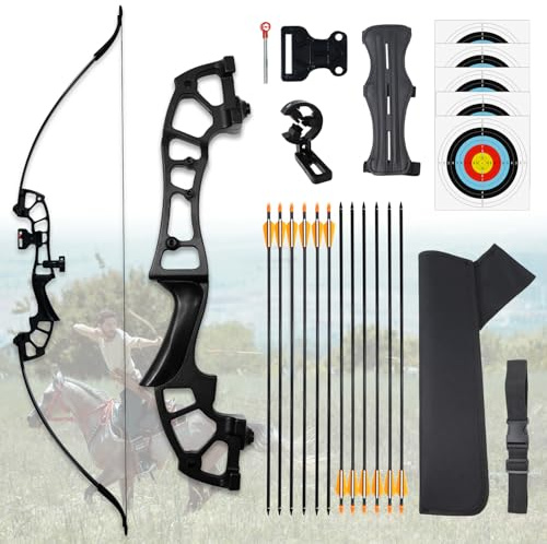 Runzkzy Recurvebogen, 53 Zoll zerlegbarer Metall-Riser-Bogen und Pfeil-Set für Erwachsene, traditioneller Jagdbogen für Rechtshänder, 40 lbs Survival-Bogen mit 12 Pfeilen, Bogenschieß-Set-40lbs