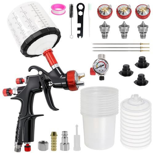 LVLP - Pistola pulverizadora de aire comprimido - Pistola pulverizadora premium con boquillas de 1,3/1,7/2,0 mm, depósito de pintura de 650 ml y 10 vasos de pintura desechables, pistola de pintura