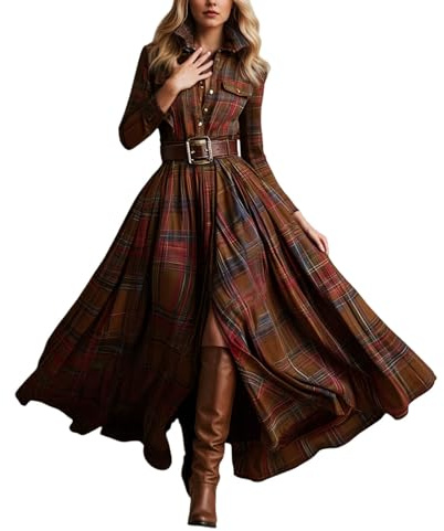 Vestido de Manga Larga con Cierre de Botones Cuello y CinturóN Vestido Camisero Maxi de Cuadros para Mujer con Estampado A Cuadros Vintage Retro