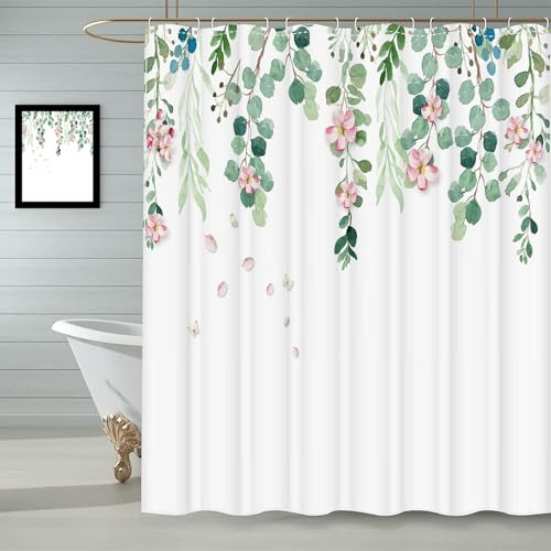 FYting Duschdraperi, duschdraperier 180 x 180, duschdraperi blommor med grön, fållen hänger naturligt, vattentätt och mögelbeständigt, med öljetter och 12 duschdraperiringar (vinrankor)