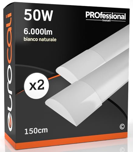 Eurocali Plafoniere LED 50W 150cm Professionale Alta Efficienza Garanzia 5 Anni 6000 lumen - Forma: Tubo Prismatico Slim - Luce Bianca Naturale 4000K - Fascio Luminoso 120° - Pacco da 2