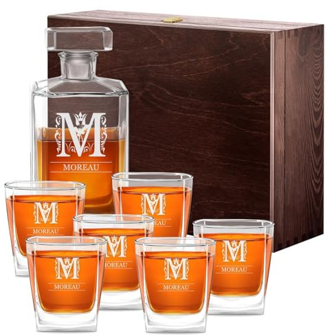 Maverton Ensemble de Carafes Personnalisés a Whisky Rhum Cognac Avec 6 | Verres a Whisky Gravés, 700 ml Service Universel Verre Whisky et Carafe, Lettre