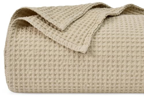 PHF Überwurfdecke aus 100 % Baumwolle, Waffelmuster, 130x150 cm, weiche, atmungsaktive Decke für Erwachsene und Kinder, perfekte Decke für Couch, Bett, Sofa, Einzel-/Reisegröße, Khaki