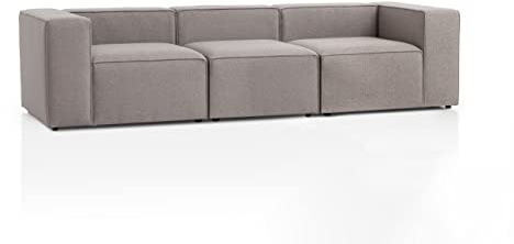 Genua Modular Sofa 3-Sitzer, individuell kombinierbare Wohnlandschaft bestehend aus Sitzelement mit Armteil links und rechts + Sitzelement ohne Armteil - strapazierfähiges Möbelgewebe, hellgrau