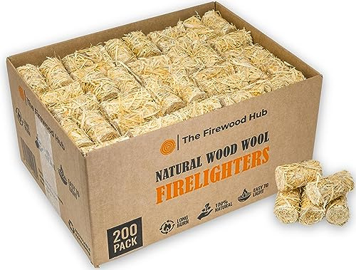 200 encendedores de lana de madera con revestimiento de cera ecológica natural para un encendido seguro, limpio e inodoro de leña y quemadores de leña, barbacoas, hornos de pizza y más, el iniciador