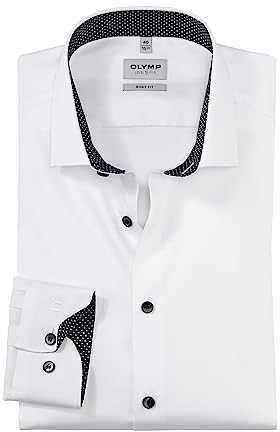 OLYMP Affärsskjorta för män, långärmad nivå fem, satin, kroppspassform, modern Kent, Vit 00, 46 SE