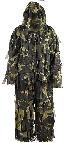 PELLOR 3D Ghillie Tarnanzug mit Kapuze, Netzstoff Dschungel Ghillie Suit Woodland Camouflage Anzug Kleidung mit Camouflage Hut für Jagd Verdeckt