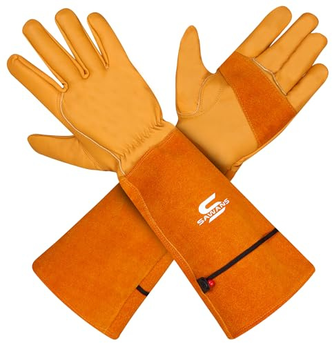 SAWANS Leather Gardening Gloves for Men/Women Long Forearm Protection Thorn Proof Breathable Rose Pruning Garden Safety Work Gloves Multi-Purpose Thick Palm Gauntlet (Yellow, M (Pack of 1))
