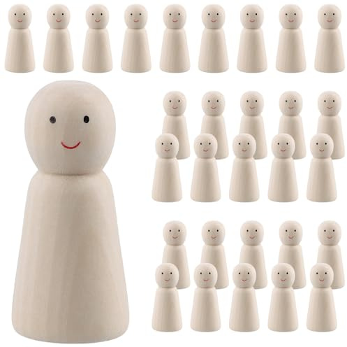 MUKLEI 30-pack träpinnar människor hantverk, 60 mm små pinnar med uttryck, tomma träfigurer, små träfigurer för hantverksprojekt och dekoration