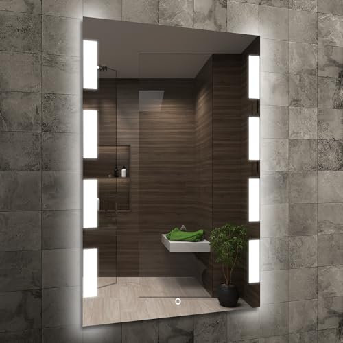 Home Glow 50x70cm Badezimmerspiegel mit Beleuchtung LED Badspiegel mit Beleuchtung Badezimmer Wandspiegel Spiegel mit Berührungsschalter LED Badezimmerspiegel mit seitlichen Leuchtmustern