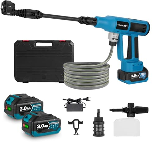 Yofidra Akku Hochdruckreiniger, Druckreiniger Autowaschpistole, 6-in-1 Multi-Sprühdüse bürstenlos Wassepistole Akku mit 2 Batterien für Autowäsche