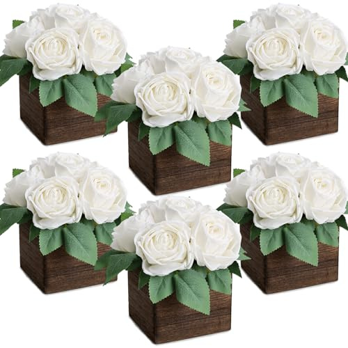 DIYDOFUN Dining Table Centerpiece Set of 6 - Pre-Made Aritifial Rose with Wooden Vase Fake Floral Arrangment Faux Flower for Wedding Bridal Tea Party Event Decorations - White