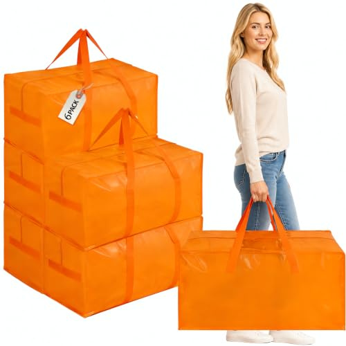 Zandrix 90L Cloths Storage Bags with Zips Waterproof Reusable - 6 Pack | Heavy Duty Foldable Tear-Resistant Moving Boxes Bags with Backpack Straps for Home, Dorm, Christmas Decor, Travelling, Orange