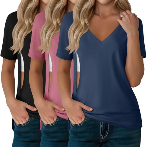 Xuniea Lot de 3 Hauts D’Allaitement pour Femmes, T-Shirts D’Allaitement à Fermeture Éclair Cachée pour Allaiter et Tirer Le Lait, Col V Manches Courtes