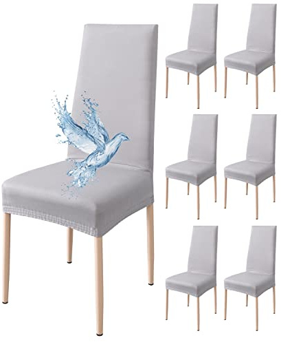Poligino Stuhlhussen 6er Set Wasserdicht Stretch Universale Weich und Bequem, Stuhlbezug für Haus, Küche, Hochzeit, Restaurant, Party, Hotel, Zeremonie, Bankett - Hellgrau