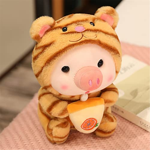 GLITZFAS Schwein Plüschtier Kuscheltier, Boba Stofftier Schwein mit Bubble Tea Cup Plüsch Spielzeug Plüschpuppen Weich Kissen Geschenk Kinderspielzeug (Tiger,30 cm)