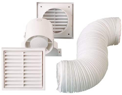 Bathroom Extractor Fan Kit | 15W In-Line Duct Fan with PVC Ducting & 2 Fixed Louver Grills with Electronic Adjustable Timer - IPX2 Rating: 100mm / 4