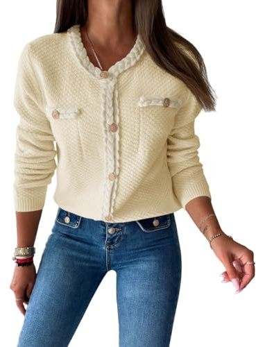 Saodimallsu Womens Button Up Cardigan Long Sleeve Open Front Cable Knit Fall Trendy Sweater Jacket with Pockets