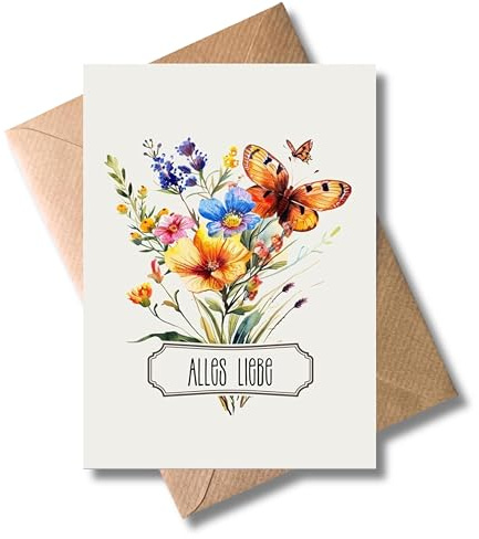 WBdesignz Florale Grußkarte „Alles Liebe“ mit Umschlag - bunten Blumen & Schmetterling – liebevoll illustriert für viele Anlässe – Geburtstag, Danke, Genesung, Muttertag (DIN A6)