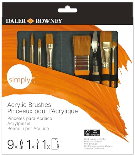 Daler-Rowney Simply Gold Taklon Synthetic Hair Acrylic Brush Set with Short Handles, 10 Assorted Brushes with Zip Case, For Entry-Level Artists & Hobbyists