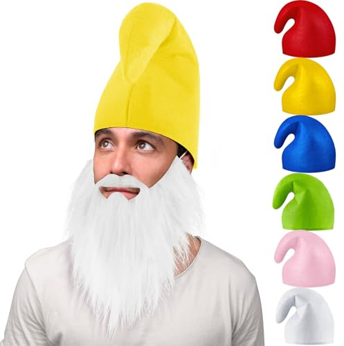 Jadive Set di Costumi da Nano Cappello da Nano Barba Bianca da Nano Cappello da Gnomo di Carnevale Cappello a Punta da Babbo Natale Cappello da Elfo Costumi Divertenti per Adulti Halloween(Giallo)