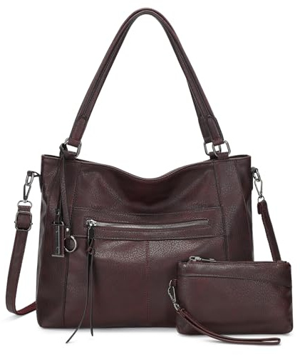BAIGIO 2-teilige Handtasche Damen Umhängetasche Mittelgroß Shopper Tasche PU Leder Crossbody Tote Bag Set Schultertasche Damentaschen Henkeltasche Tragetasche mit Geldbörse Reißverschluss, Dunkel Plum