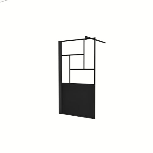 AICA Walkin Mampara Panel de ducha Pantalla Panel Fijo estilo industrial Cristal Antical 8mm con Barra 140cm Perfil Negro Mate,(877-900) x2000mm