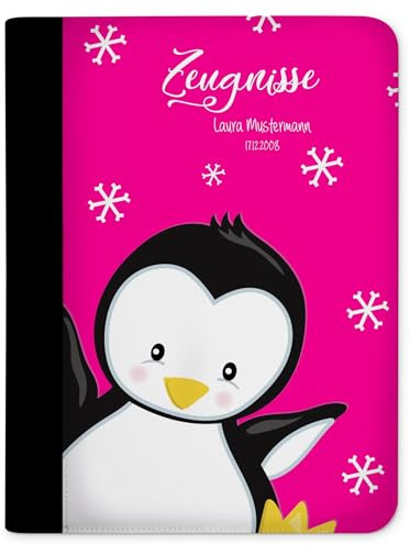 CreaDesign Zeugnismappe A4 mit Namen personalisiert – Pinguin Pink – für Mädchen – Dokumentenmappe Schule ohne Klarsichthüllen