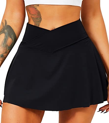 TZLDN Tennis Skort - Damen Sport Rock mit Shorts Laufrock Minirock Tennisrock Hosenrock Sommerrock Skirt Outdoor Workout Running A01 Schwarz XS