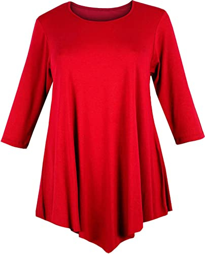 Ladies V-cut Tunic Top Plus Size Loose Ladies Dress Swing Baggy 3/4 Sleeve Top (Red, 20-22)