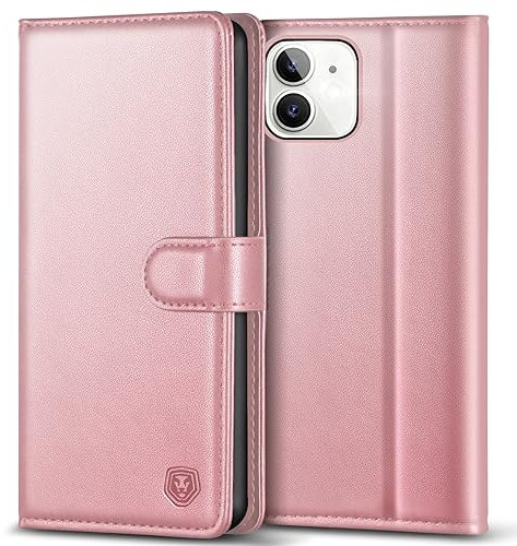 Kuafcase Compatible for iPhone 12/12 Pro Case with 4 Card Slots Magnetic Closure Kickstand Shockproof Protective Phone Case Compatible for iPhone 12/12 Pro - Rose Gold