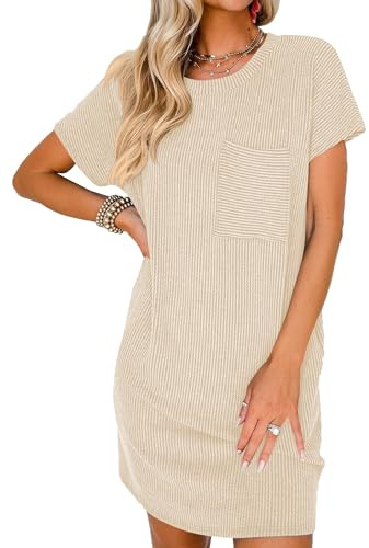 Robe Femme Ete T Shirt Chic Abricot Casual Coton Raie Robe Droite Femme Chic et Elegant Dress Femme Mini Robe Plage L
